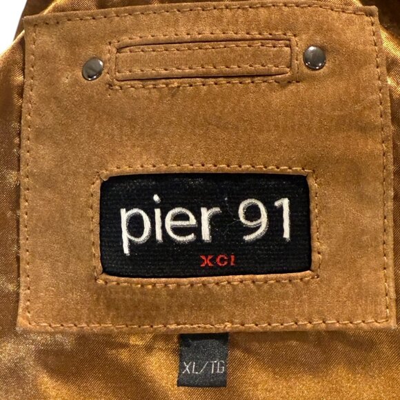 Vintage Pier 91 Tan Genuine Leather Suede Bomber Jacket, Stand Collar - Picture 2 of 8